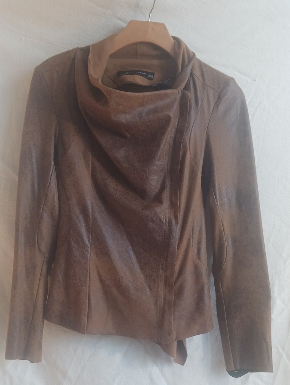 Zara Woman Distressed Leather Jacket w/ Cowl Neckline & Left-side Zipper